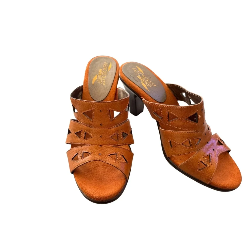 Aerosoles Allegiance Heelrest Tan Leather Cutout Slide Sandals Heels 9.5
